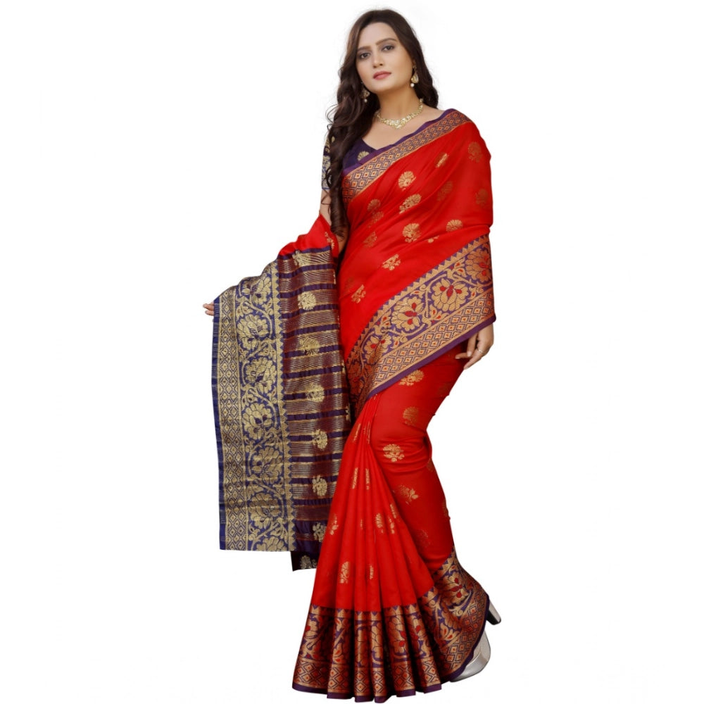 Generic Women's Silk Blend Woven Saree With Unstitched Blouse 5.5Mtr (Purple-Red) Secondary image