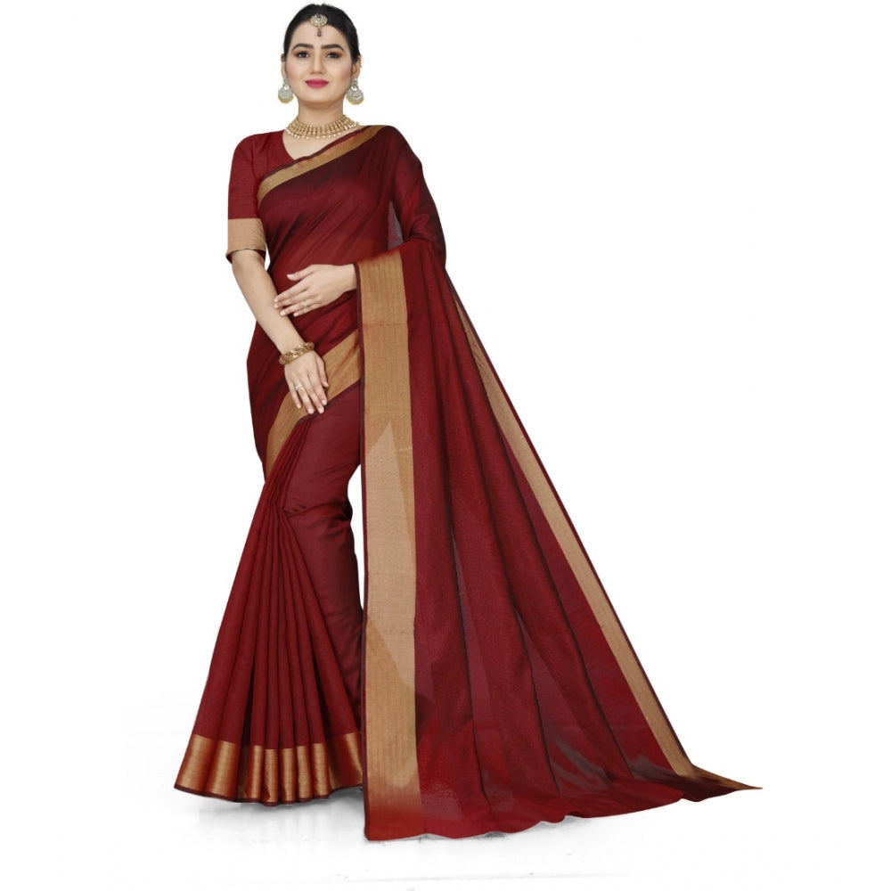 Generic Women's Cotton Silk Self Design Saree With Unstitched Blouse 5.5Mtr (Maroon) Main image