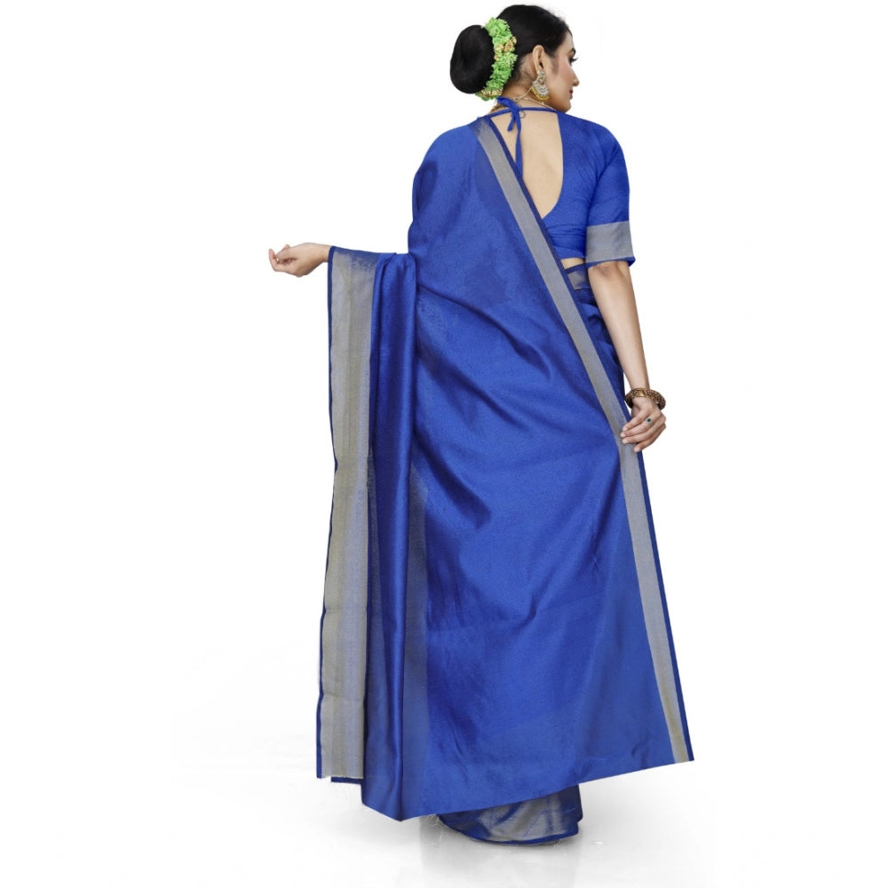 Generic Women's Cotton Silk Self Design Saree With Unstitched Blouse 5.5Mtr (Blue) Secondary image