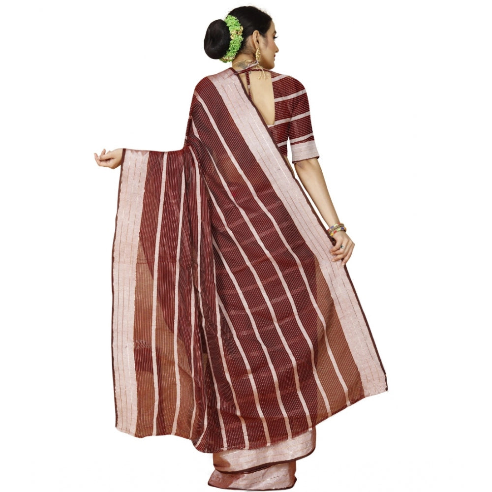 Generic Women's Cotton Silk Striped Saree With Unstitched Blouse 5.5Mtr (Red) Secondary image