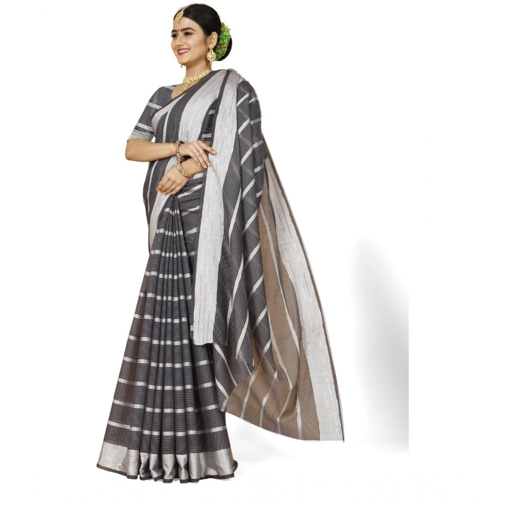Generic Women's Cotton Silk Striped Saree With Unstitched Blouse 5.5Mtr (Grey) Secondary image