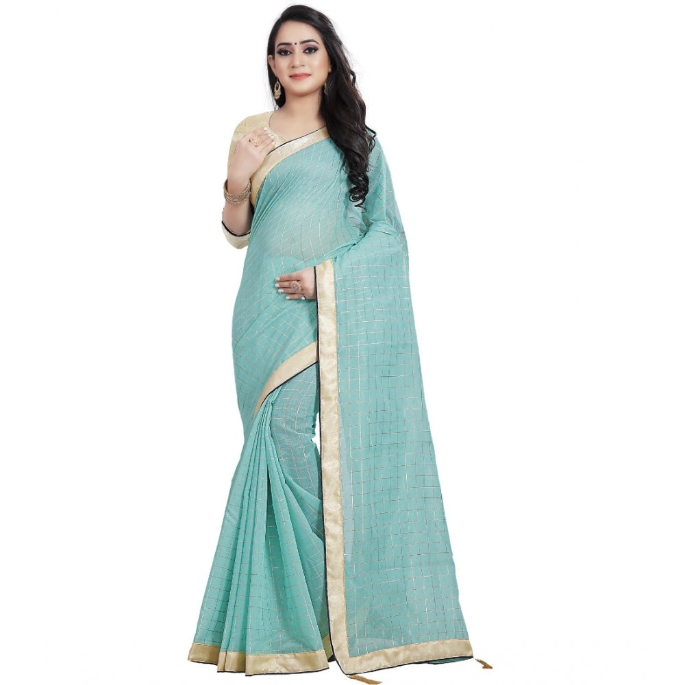 Generic Women's Cotton Silk Checkered Saree With Unstitched Blouse 5.5Mtr (Blue) Main image