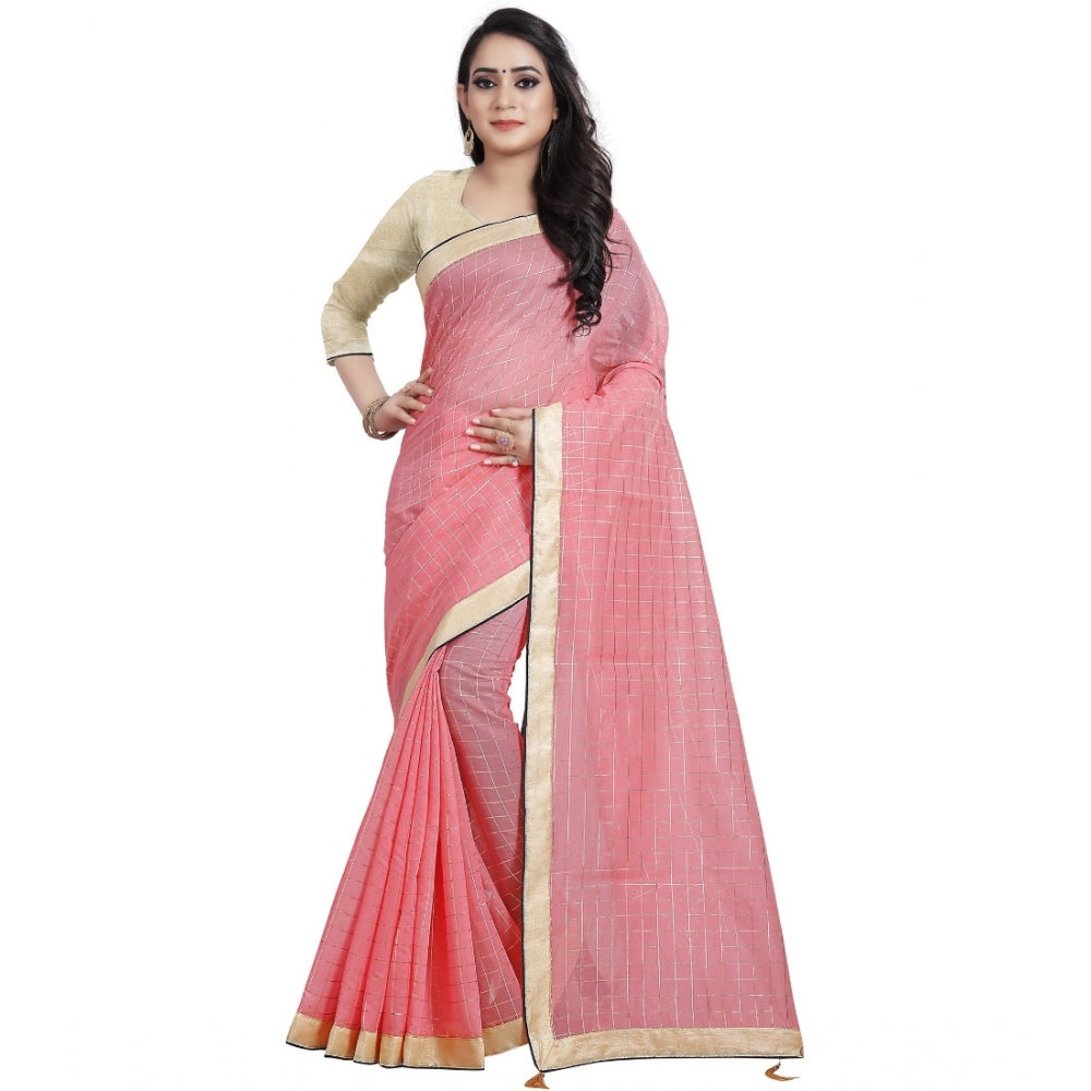 Generic Women's Cotton Silk Checkered Saree With Unstitched Blouse 5.5Mtr (Pink) Main image