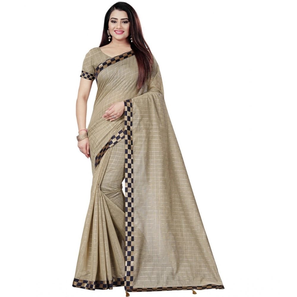 Generic Women's Cotton Silk Checkered Saree With Unstitched Blouse 5.5Mtr (Cream) Main image