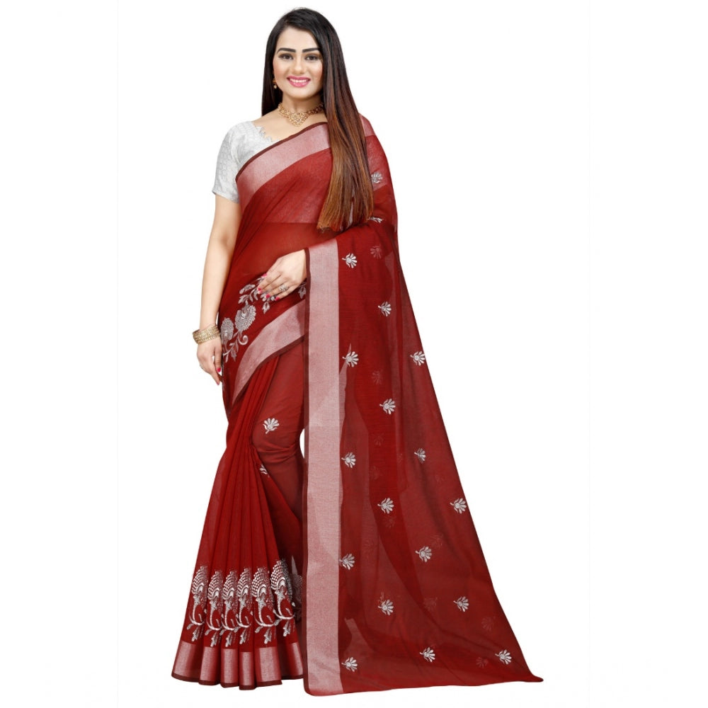 Generic Women's Cotton Silk Embroidered Saree With Unstitched Blouse 5.5Mtr (Maroon) Main image