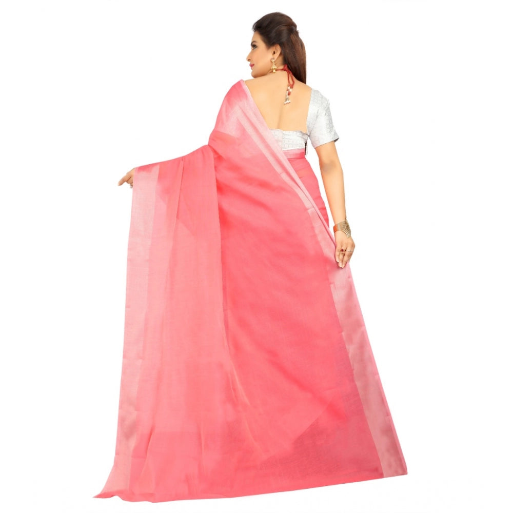 Generic Women's Cotton Silk Self Design Saree With Unstitched Blouse 5.5Mtr (Pink) Secondary image
