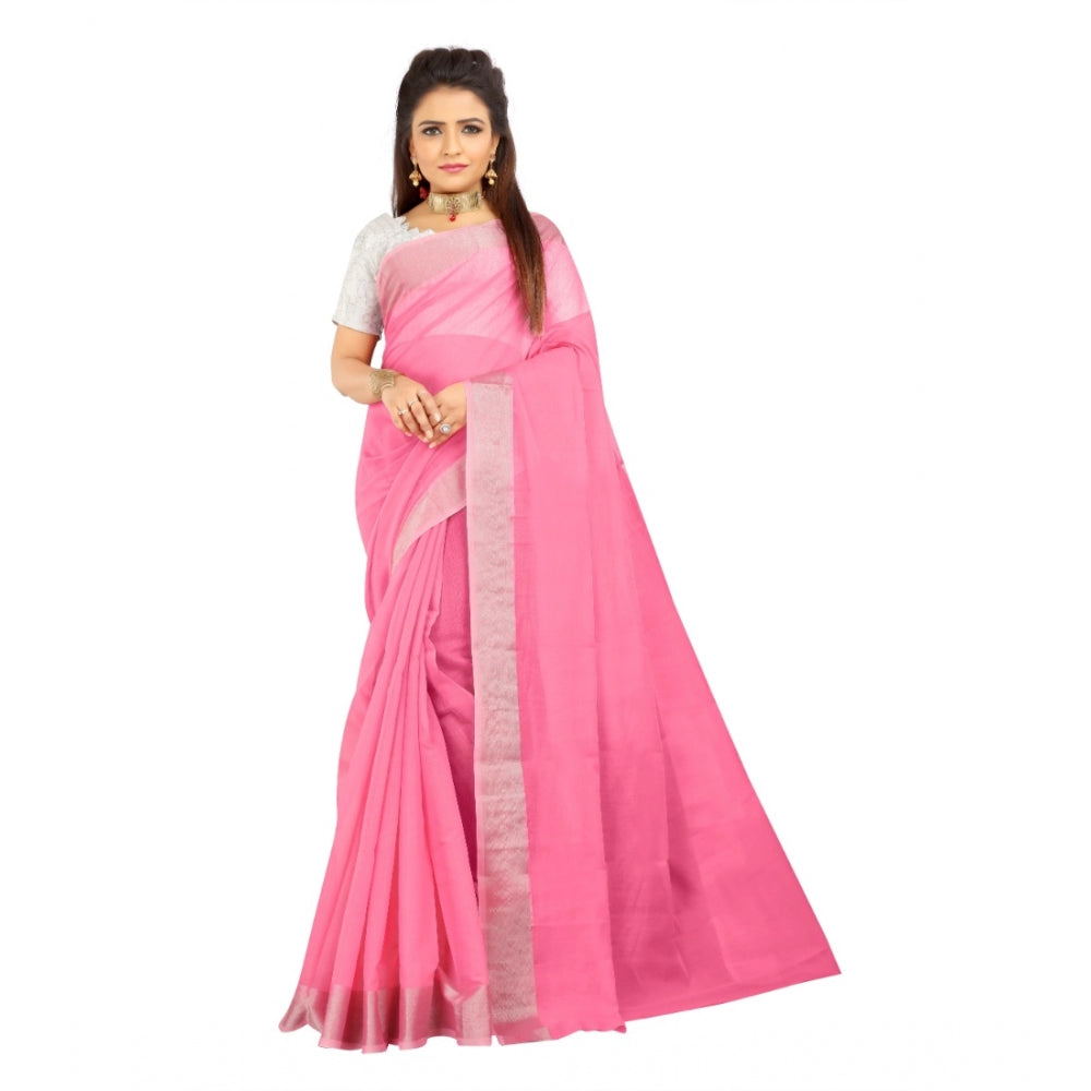 Generic Women's Cotton Silk Self Design Saree With Unstitched Blouse 5.5Mtr (Pink) Main image