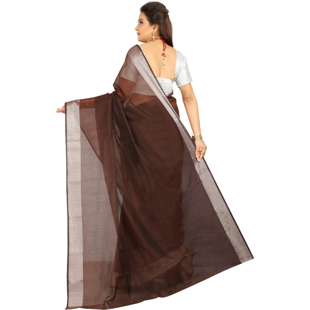 Generic Women's Cotton Silk Self Design Saree With Unstitched Blouse 5.5Mtr (Brown) Secondary image