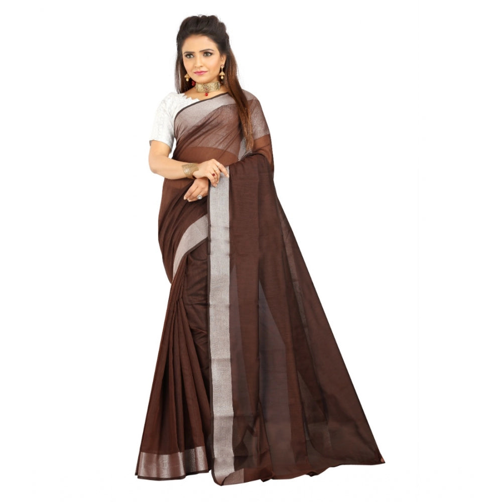 Generic Women's Cotton Silk Self Design Saree With Unstitched Blouse 5.5Mtr (Brown) Main image