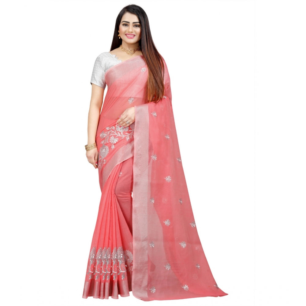 Generic Women's Cotton Silk Embroidered Saree With Unstitched Blouse 5.5Mtr (Pink) Main image