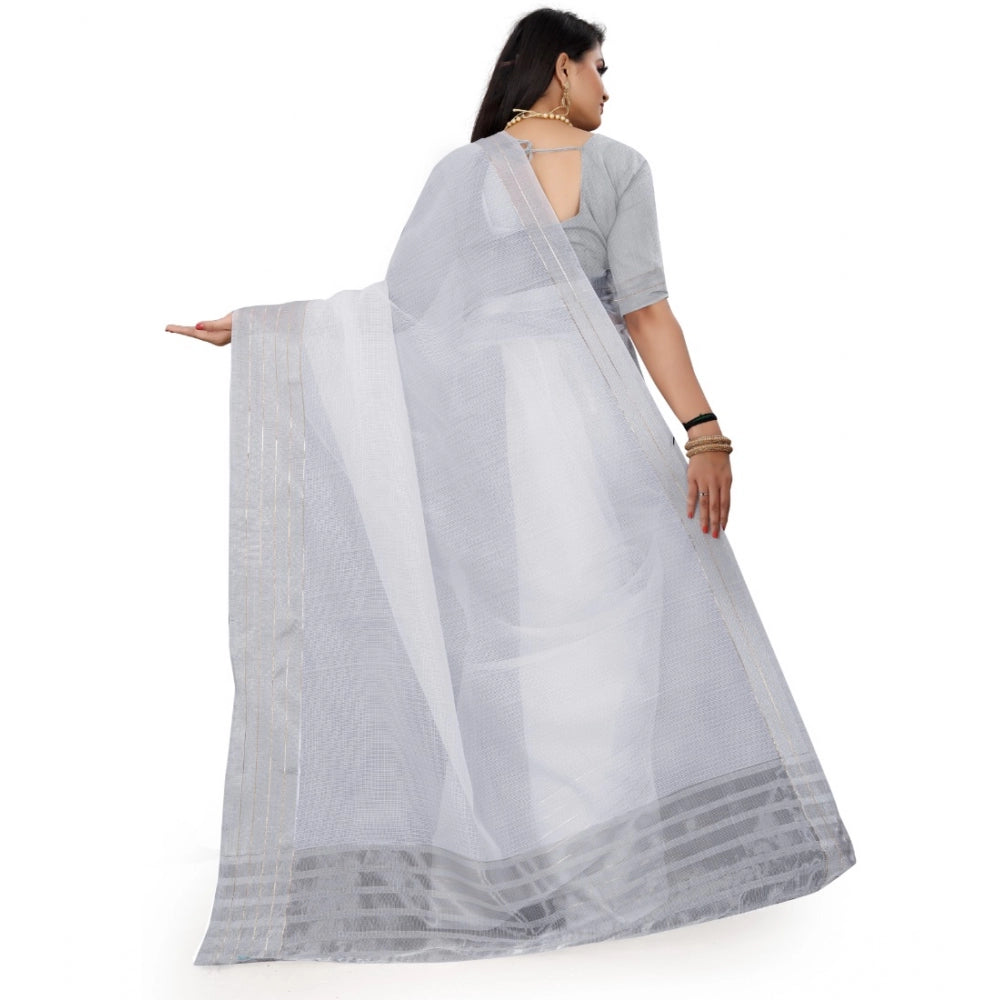 Generic Women's Cotton Jute Self Design Saree With Unstitched Blouse 5.5Mtr (Grey)
