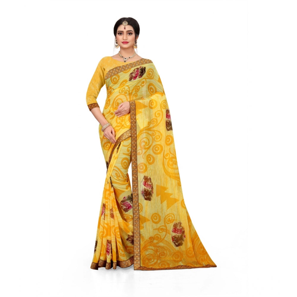 Generic Women's Georgette Floral Print Saree With Unstitched Blouse 5.5Mtr (Yellow) Main image