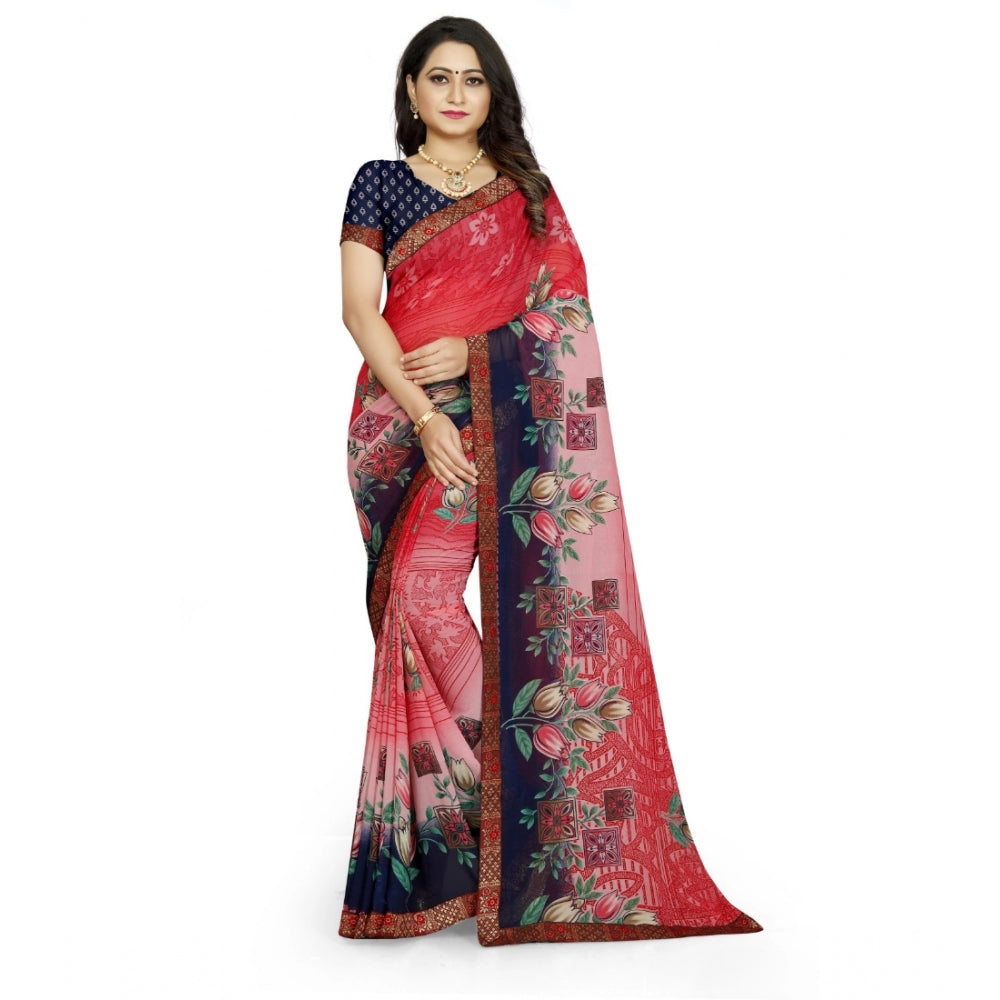 Generic Women's Georgette Floral Print Saree With Unstitched Blouse 5.5Mtr (Red-Blue) Main image