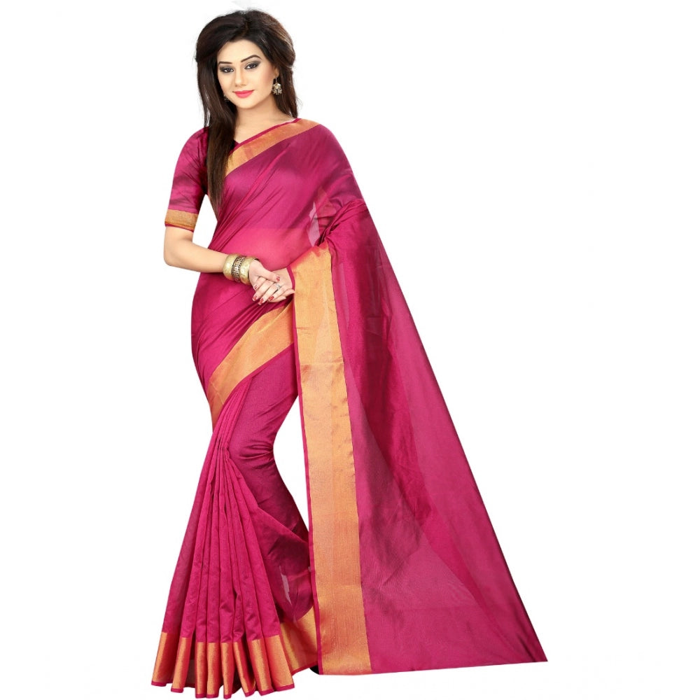 Generic Women's Cotton Silk Solid/Plain Saree With Unstitched Blouse 5.5Mtr (Pink) Main image