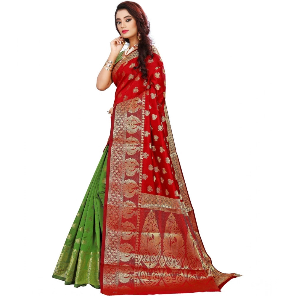 Generic Women's Jacquard Woven Saree With Unstitched Blouse 5.5Mtr (Red) Secondary image