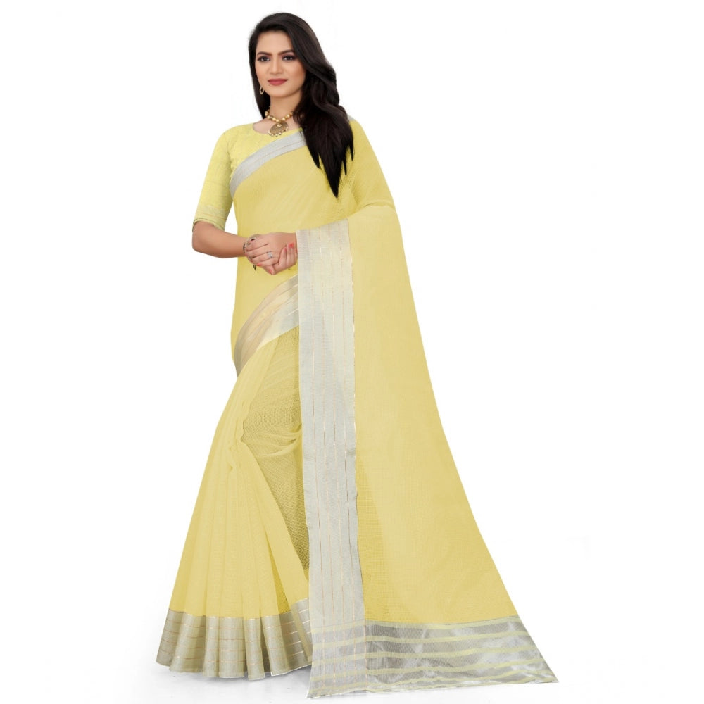 Generic Women's Cotton Jute Self Design Saree With Unstitched Blouse 5.5Mtr (Yellow) Main image