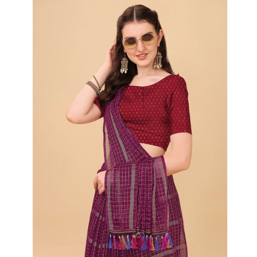 Generic Women's Silk Blend Checkered Saree With Unstitched Blouse 5.5Mtr (Maroon) Secondary image
