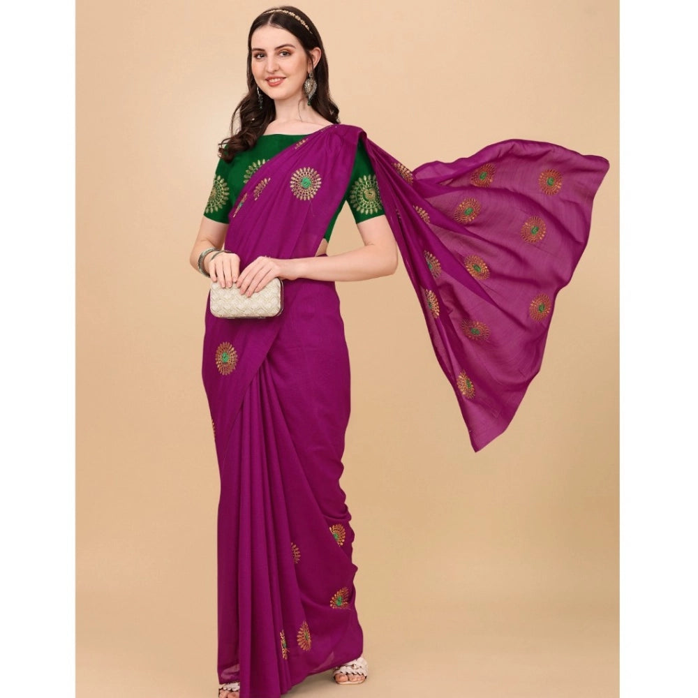 Generic Women's Silk Blend Embroidered Saree With Unstitched Blouse 5.5Mtr (Purple) Secondary image