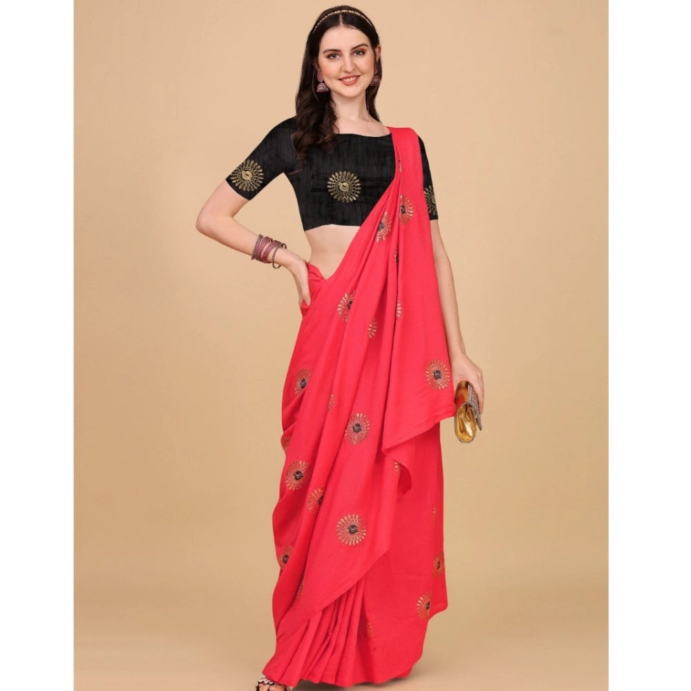 Generic Women's Silk Blend Embroidered Saree With Unstitched Blouse 5.5Mtr (Pink) Secondary image