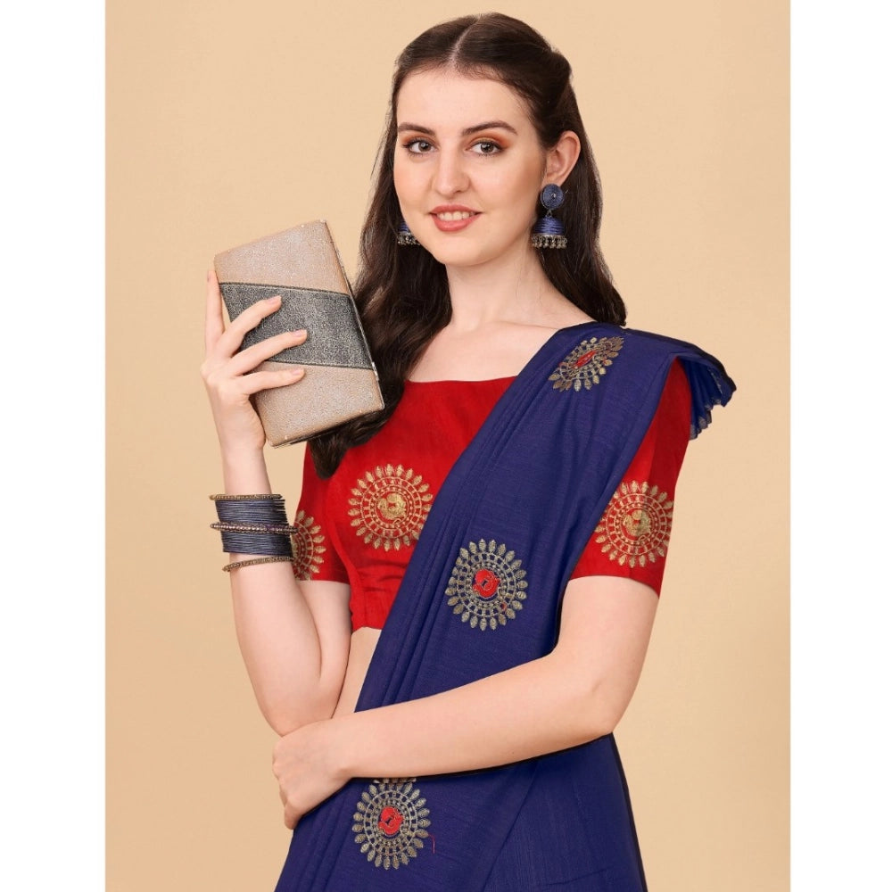 Generic Women's Silk Blend Embroidered Saree With Unstitched Blouse 5.5Mtr (Blue) Secondary image