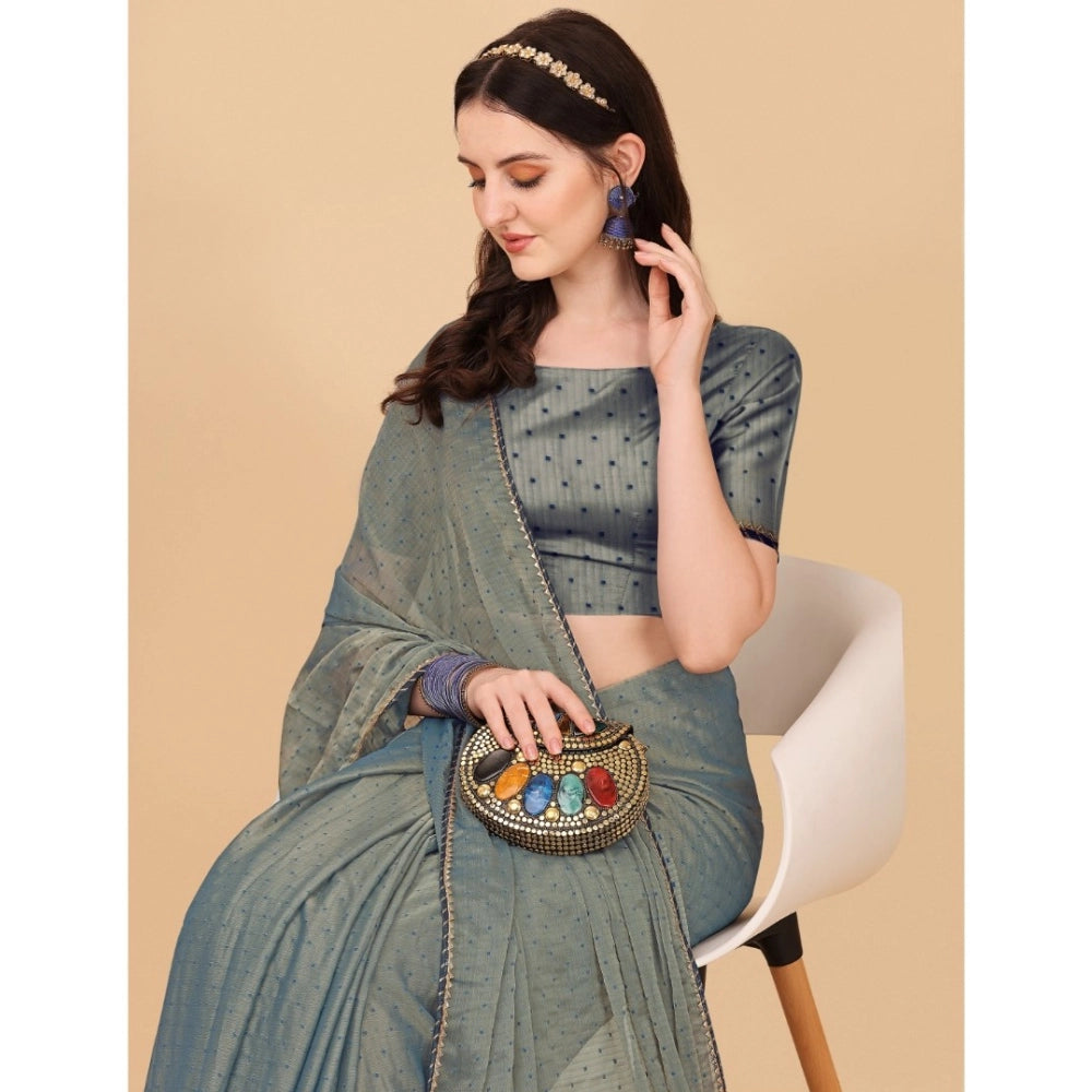 Generic Women's Silk Blend Embellished Saree With Unstitched Blouse 5.5Mtr (Grey) Secondary image