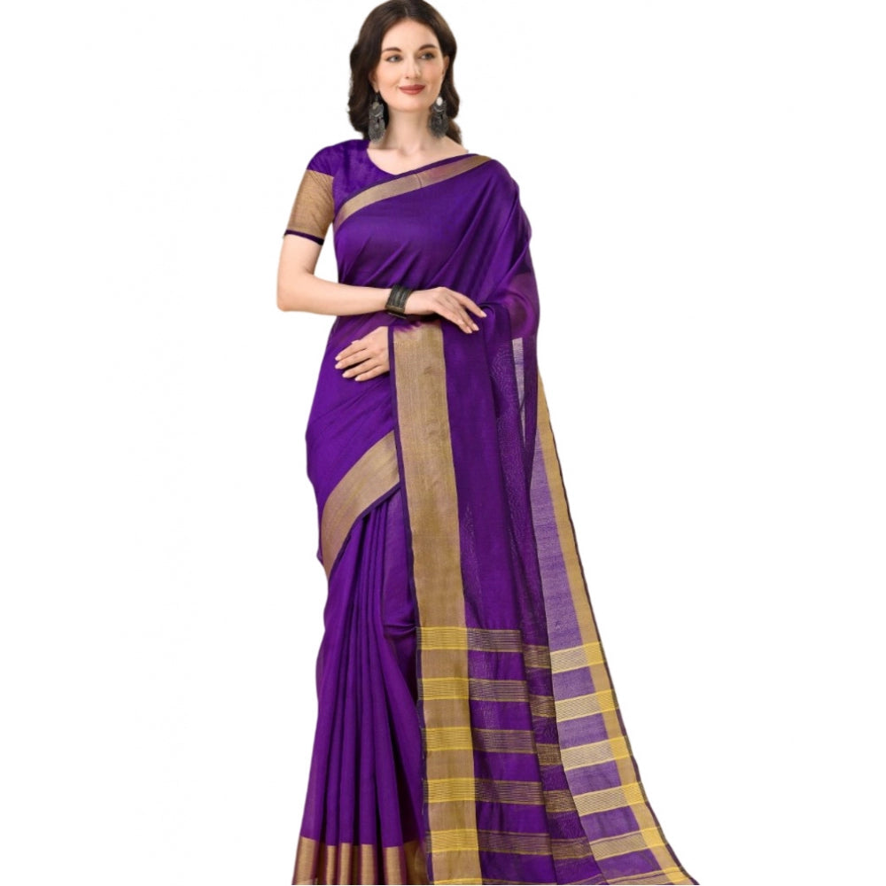 Generic Women's Cotton Silk Striped Saree With Unstitched Blouse 5.5Mtr (Multicolor) Main image