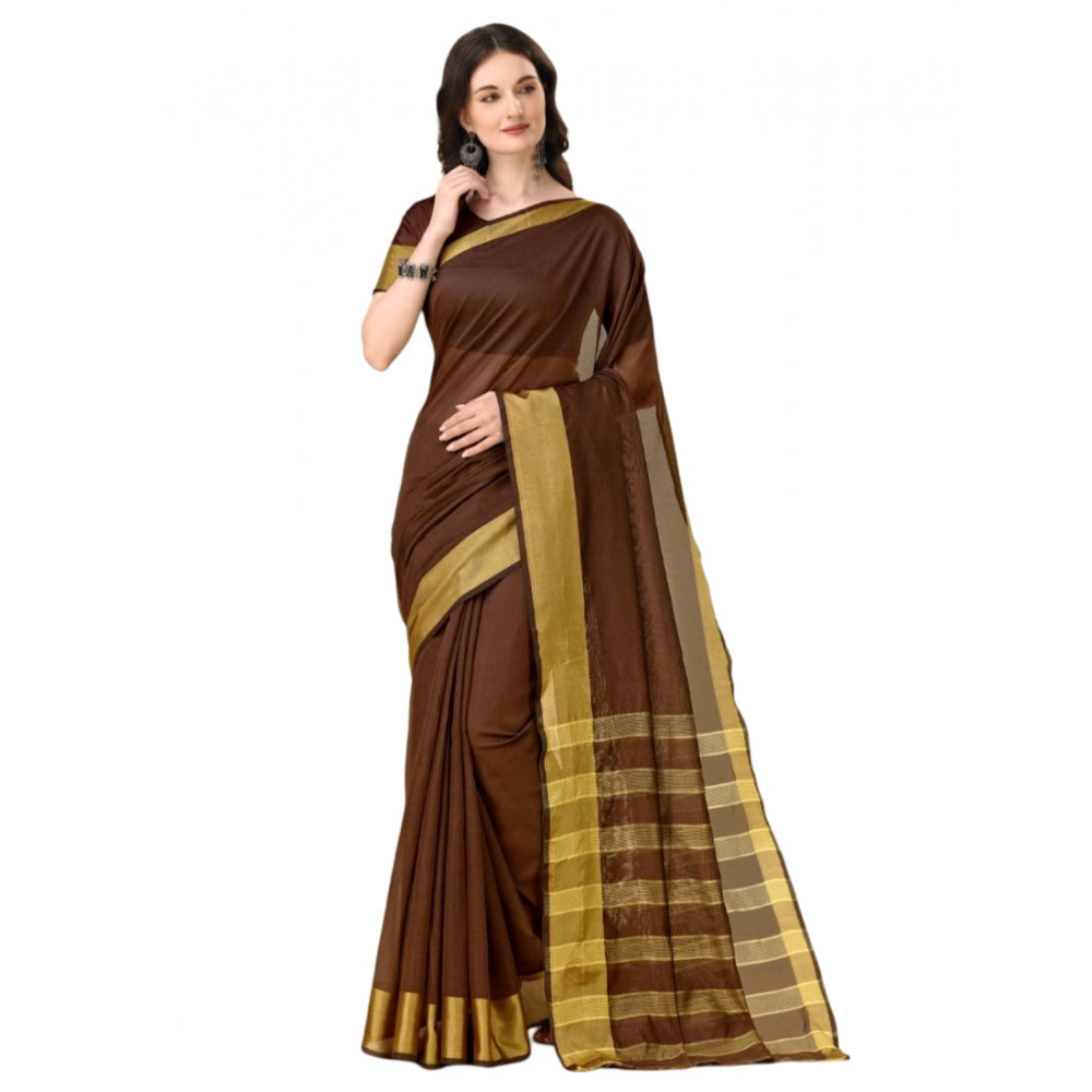 Generic Women's Cotton Silk Striped Saree With Unstitched Blouse 5.5Mtr (Brown) Main image