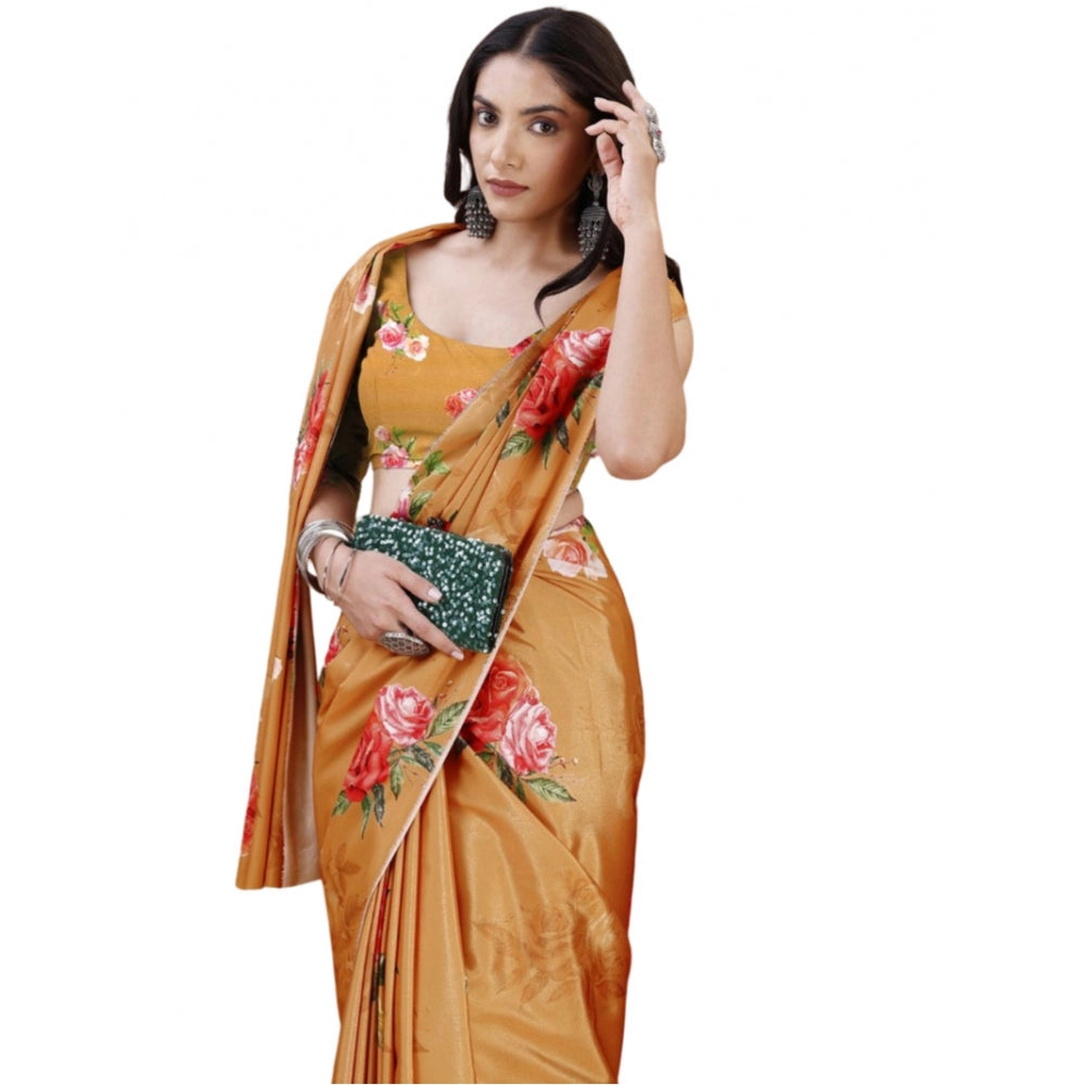 Generic Women's Crepe Digital Print Saree With Unstitched Blouse 5.5Mtr (Mustard) Main image