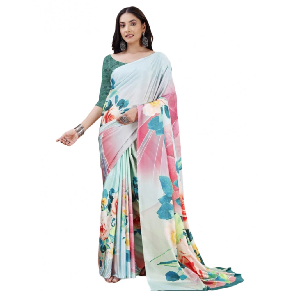 Generic Women's Crepe Digital Print Saree With Unstitched Blouse 5.5Mtr (Light Blue) Main image