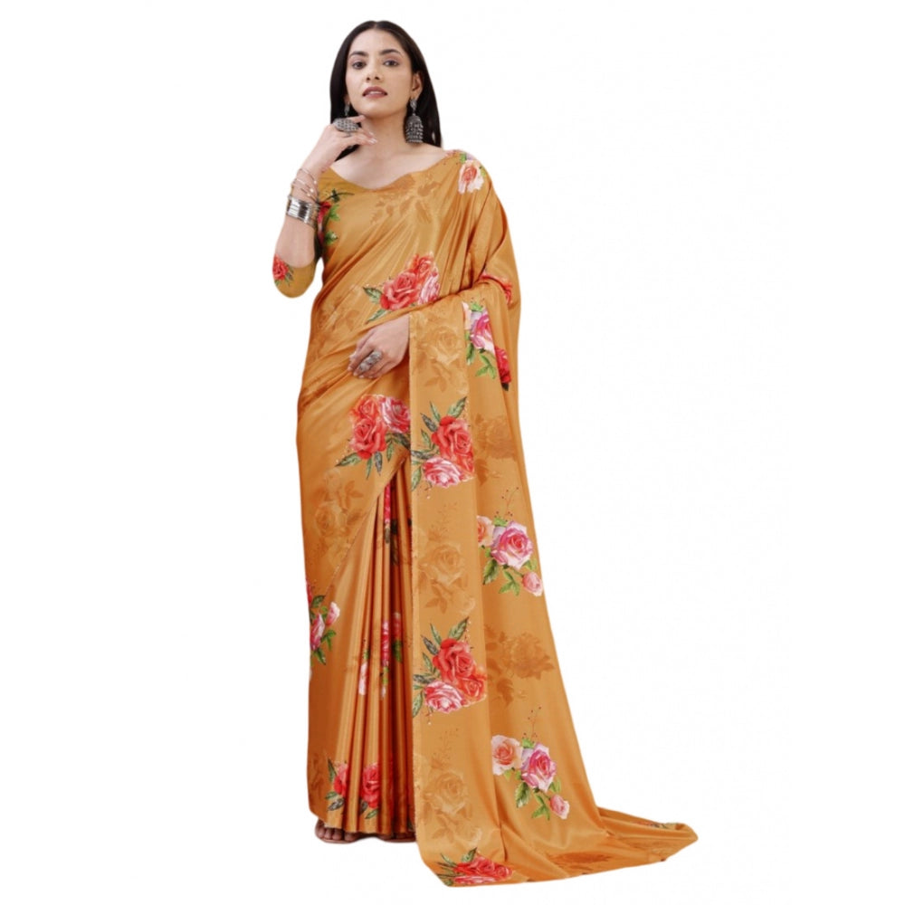 Generic Women's Crepe Digital Print Saree With Unstitched Blouse 5.5Mtr (Mustard) Main image