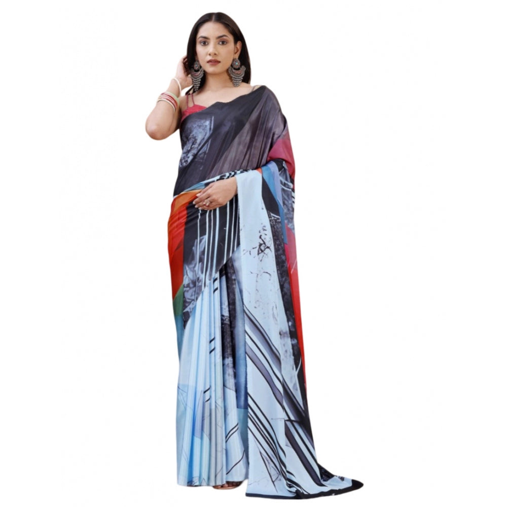 Generic Women's Crepe Digital Print Saree With Unstitched Blouse 5.5Mtr (Light Blue) Main image