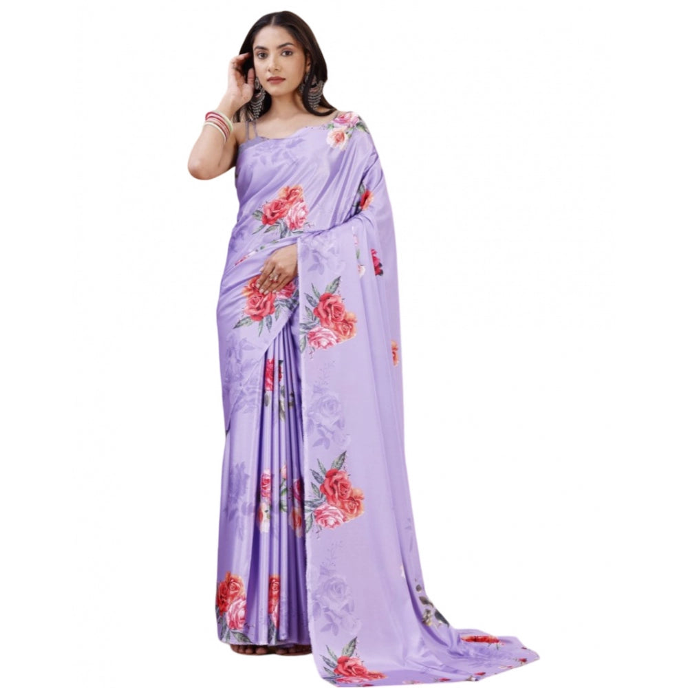 Generic Women's Crepe Digital Print Saree With Unstitched Blouse 5.5Mtr (Purple) Main image