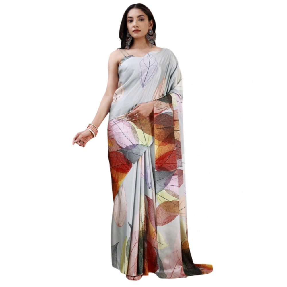 Generic Women's Crepe Digital Print Saree With Unstitched Blouse 5.5Mtr (Silver) Main image