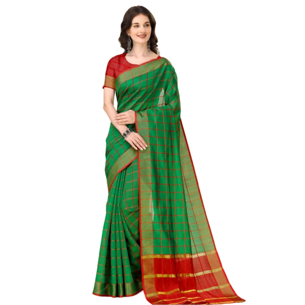 Generic Women's Cotton Silk Checkered Saree With Unstitched Blouse 5.5Mtr (Dark Green) Main image