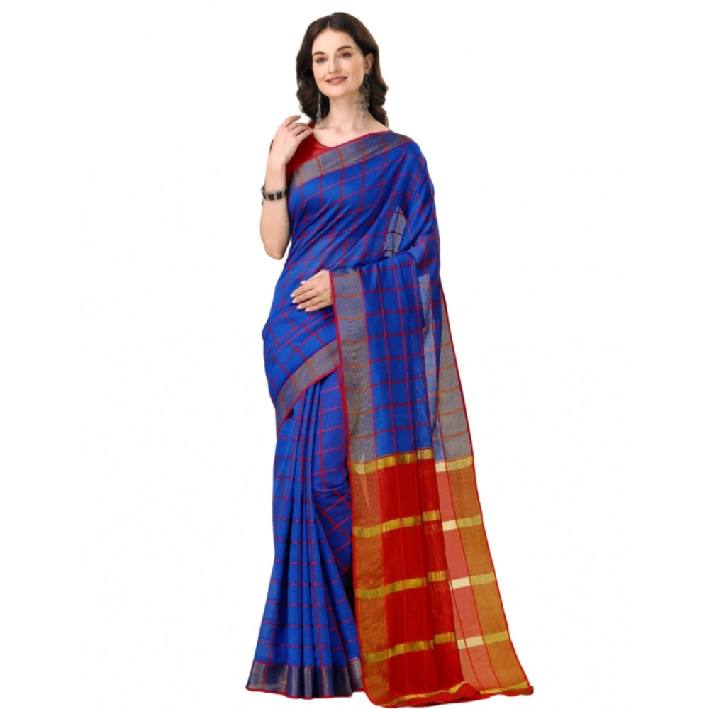 Generic Women's Cotton Silk Checkered Saree With Unstitched Blouse 5.5Mtr (Blue) Main image