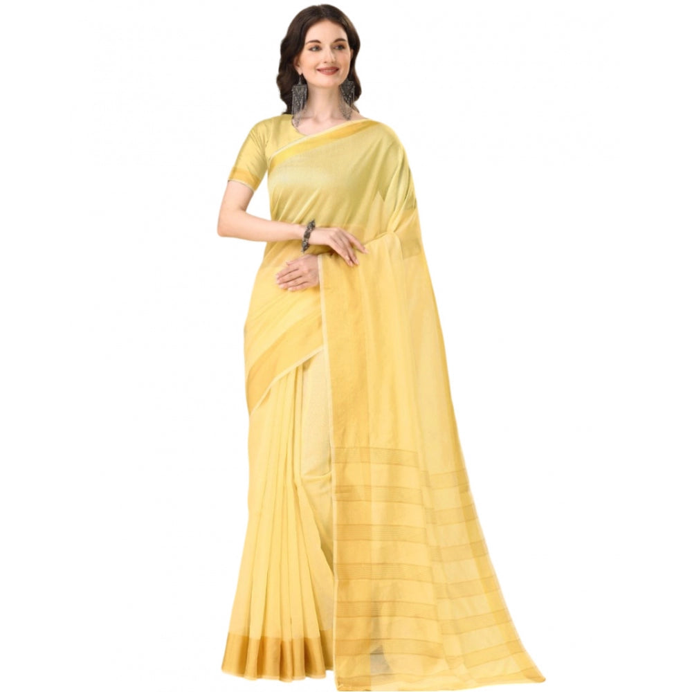 Generic Women's Cotton Silk Striped Saree With Unstitched Blouse 5.5Mtr (Yellow) Main image
