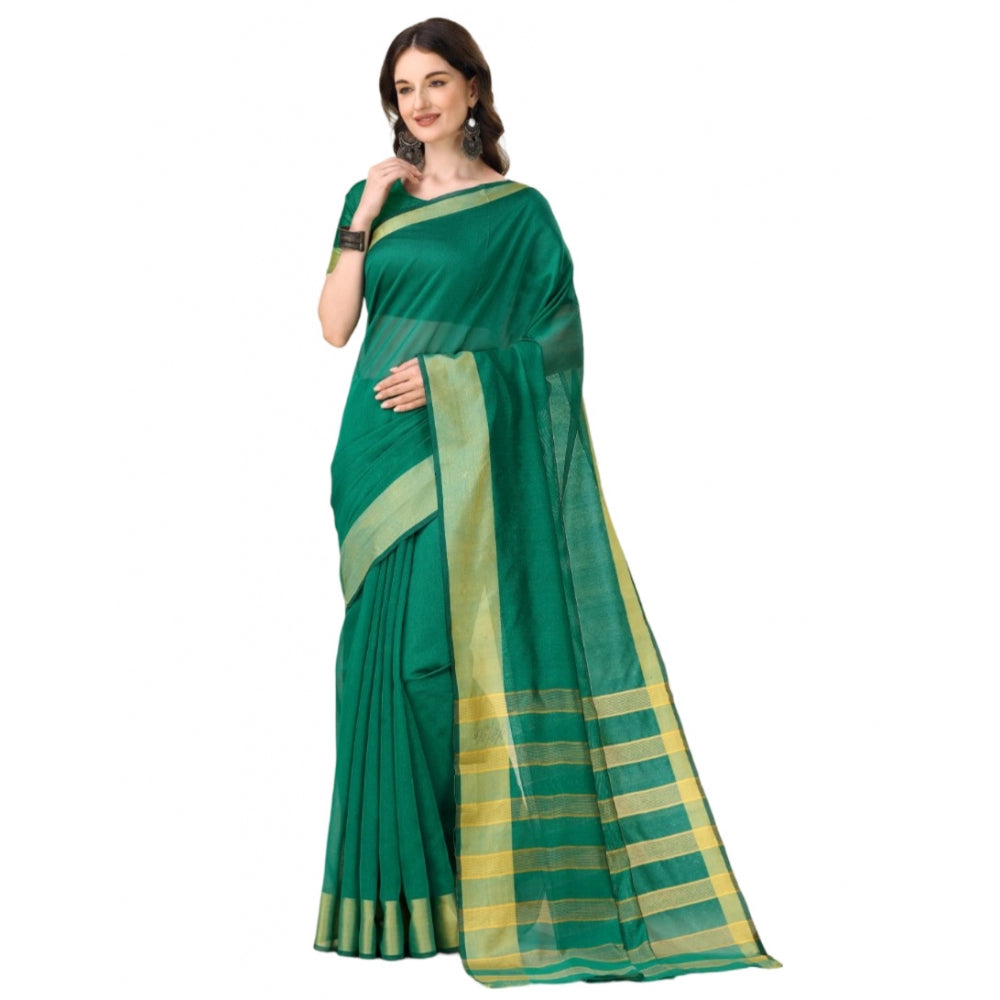 Generic Women's Cotton Silk Striped Saree With Unstitched Blouse 5.5Mtr (Light Green) Main image