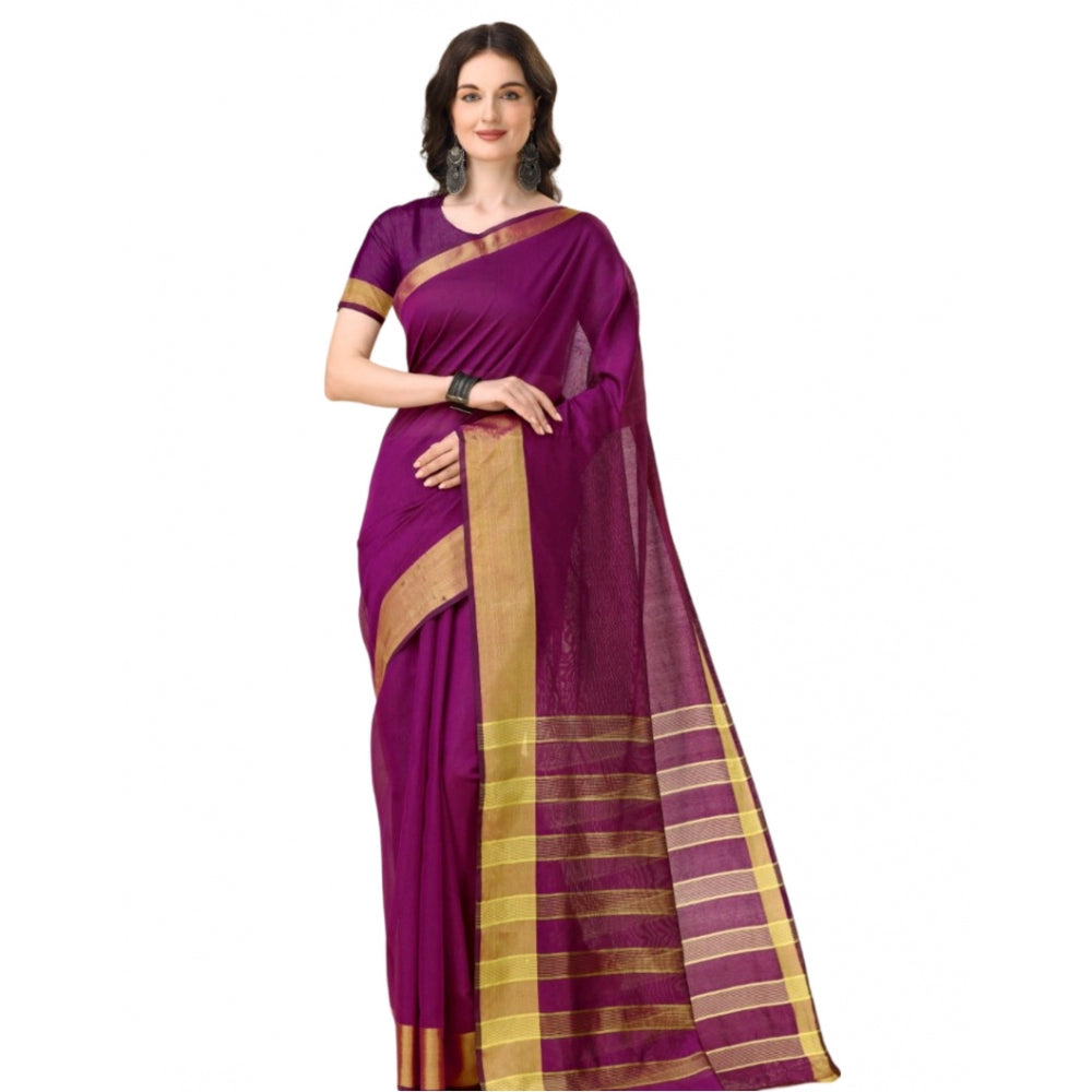 Generic Women's Cotton Silk Striped Saree With Unstitched Blouse 5.5Mtr (Purple) Main image