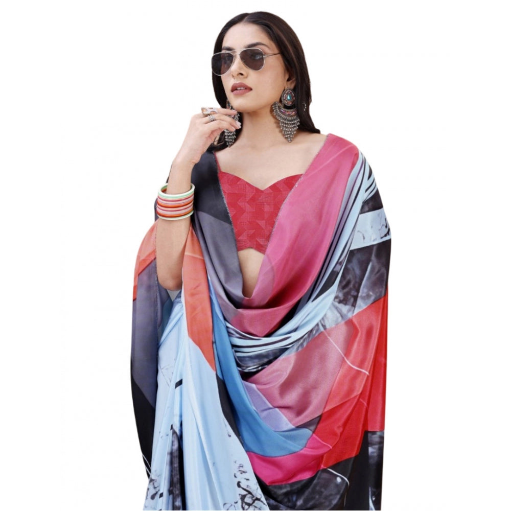 Generic Women's Crepe Digital Print Saree With Unstitched Blouse 5.5Mtr (Light Blue) Main image
