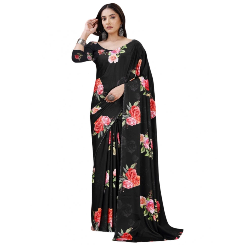 Generic Women's Crepe Digital Print Saree With Unstitched Blouse 5.5Mtr (Black) Main image