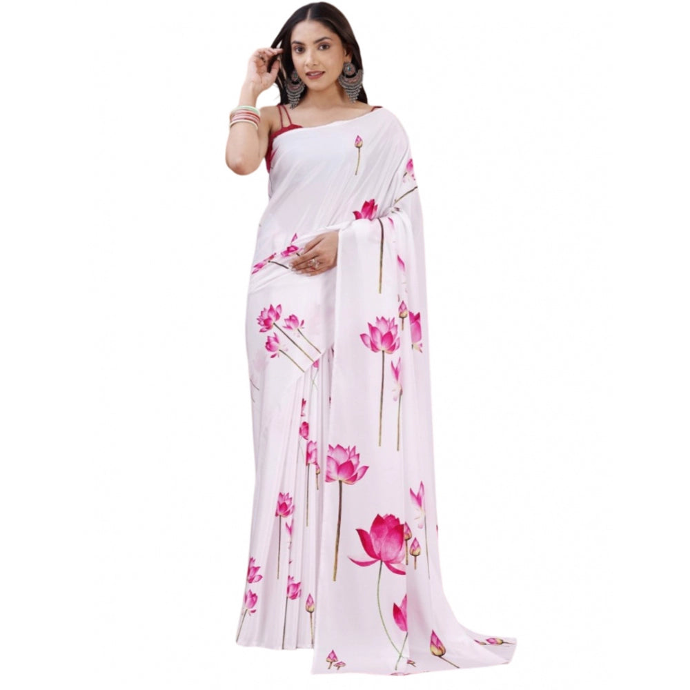 Generic Women's Crepe Digital Print Saree With Unstitched Blouse 5.5Mtr (White) Main image