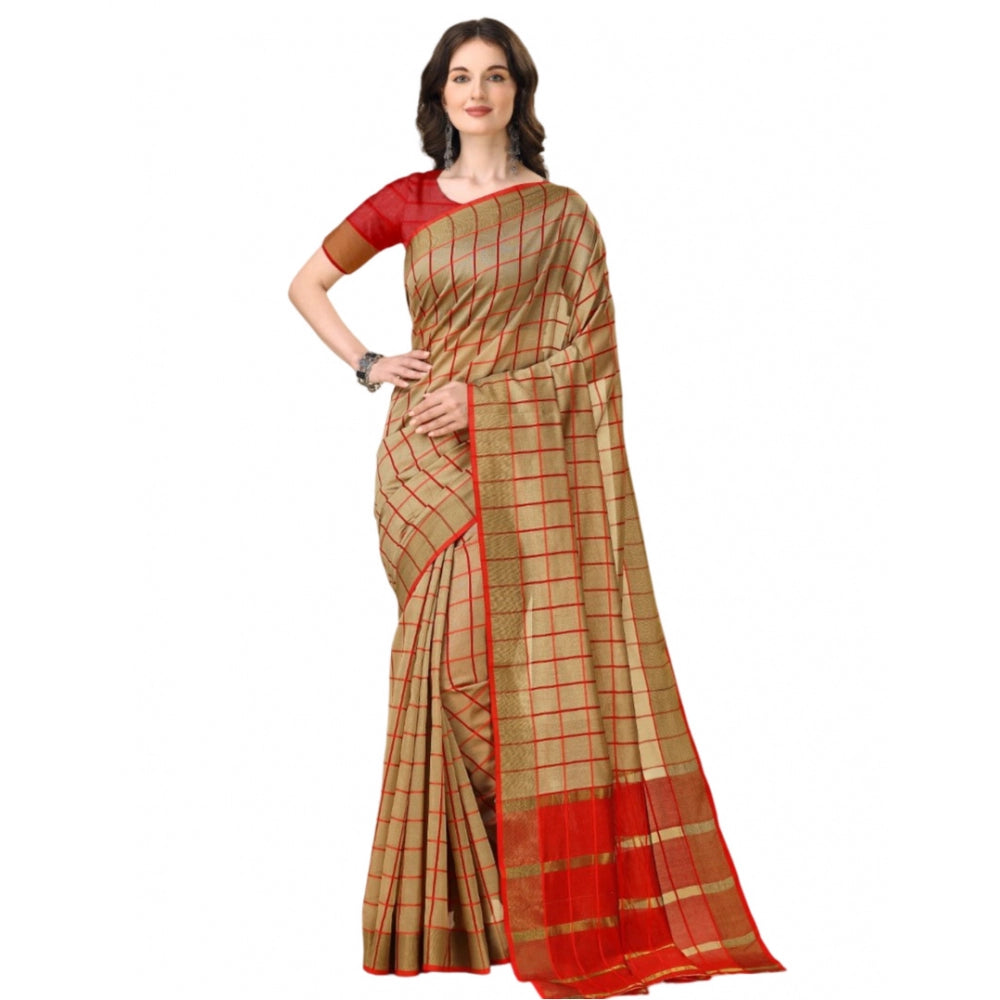 Generic Women's Cotton Silk Checkered Saree With Unstitched Blouse 5.5Mtr (Brown) Main image