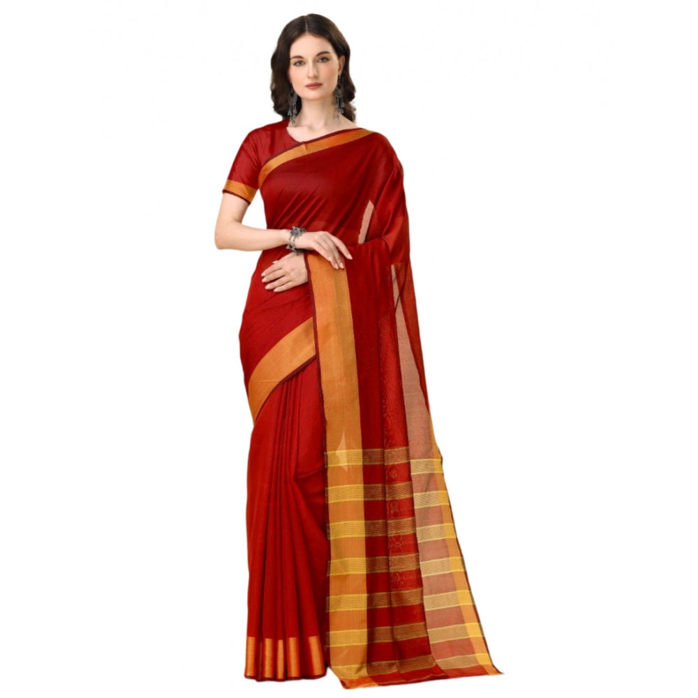Generic Women's Cotton Silk Striped Saree With Unstitched Blouse 5.5Mtr (Red) Main image