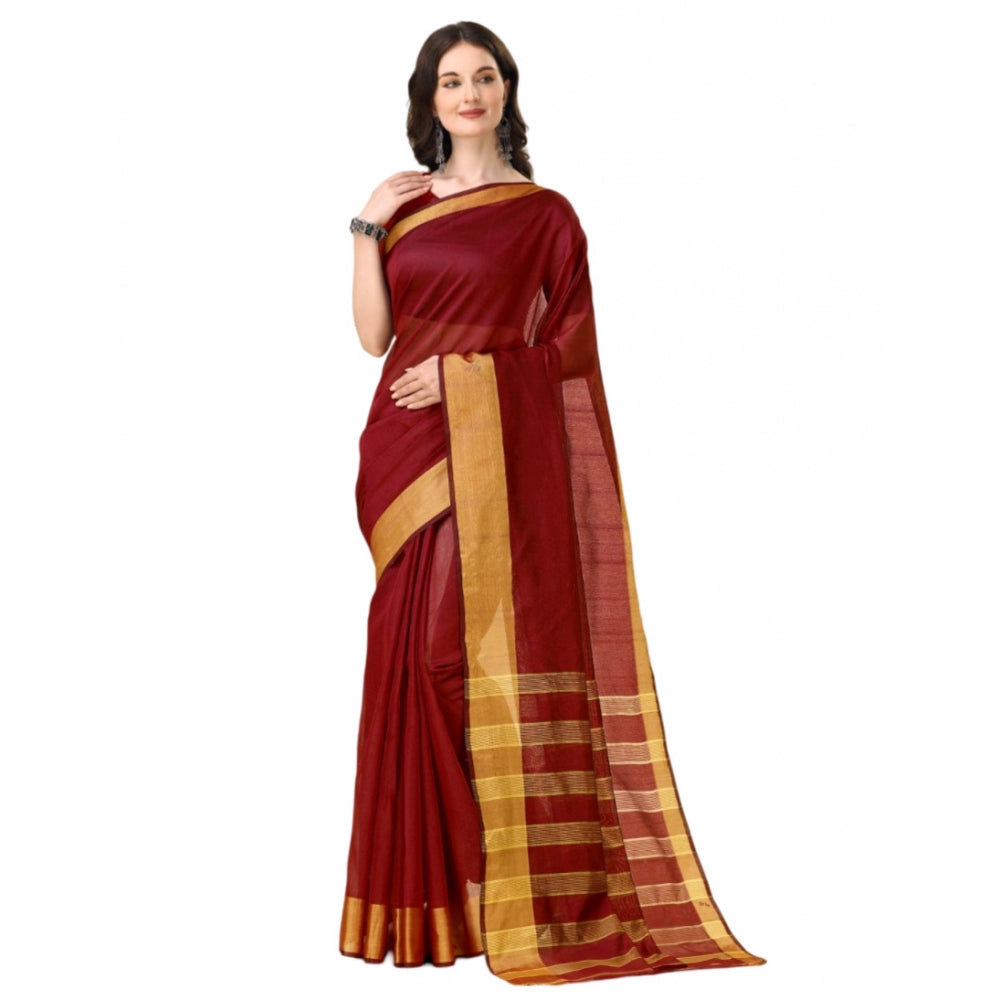 Generic Women's Cotton Silk Striped Saree With Unstitched Blouse 5.5Mtr (Maroon) Main image