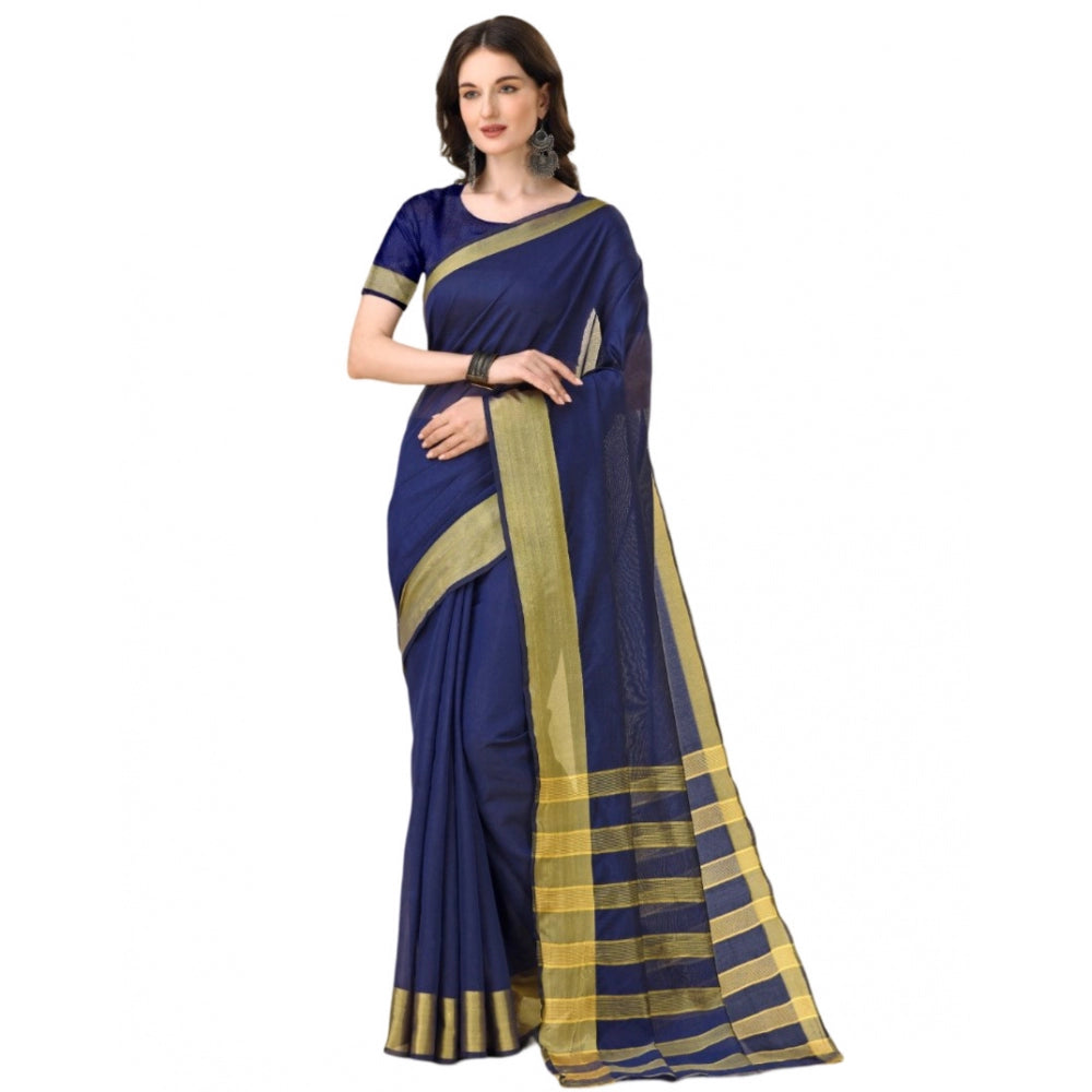 Generic Women's Cotton Silk Striped Saree With Unstitched Blouse 5.5Mtr (Dark Blue) Main image