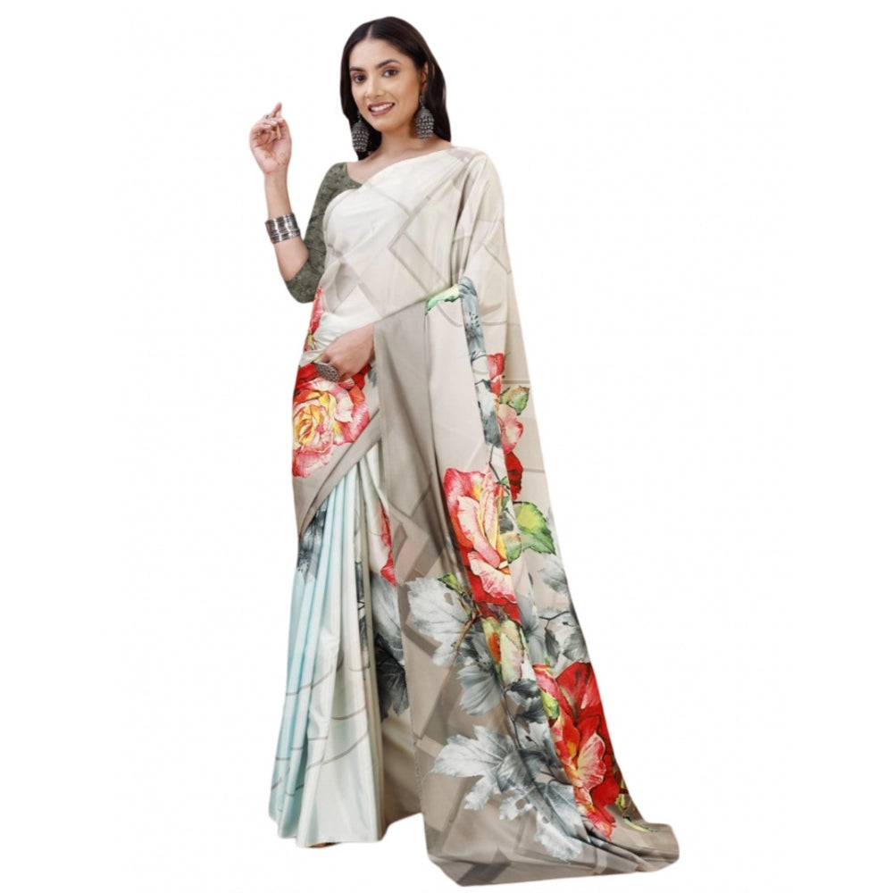 Generic Women's Crepe Digital Print Saree With Unstitched Blouse 5.5Mtr (Grey) Main image
