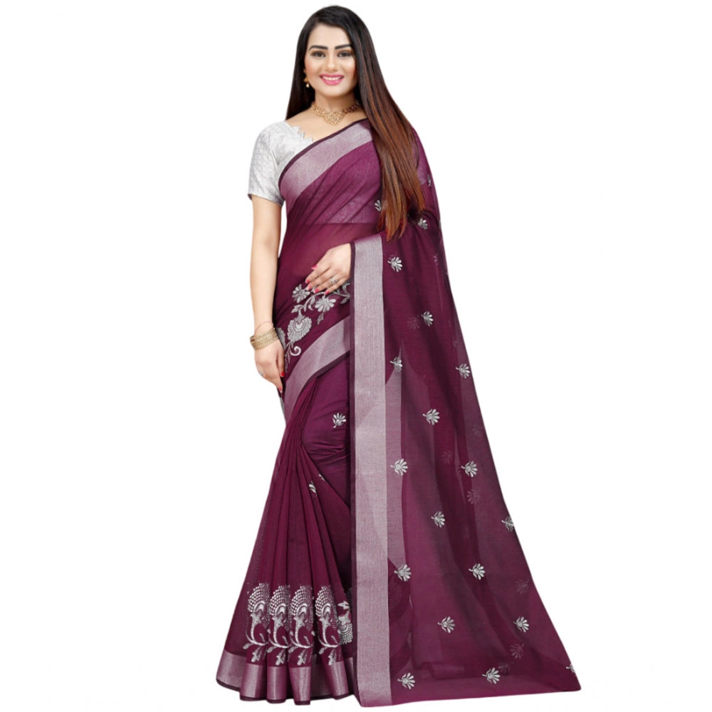 Generic Women's Cotton Silk Embroidered Saree With Unstitched Blouse 5.5Mtr (Purple) Main image
