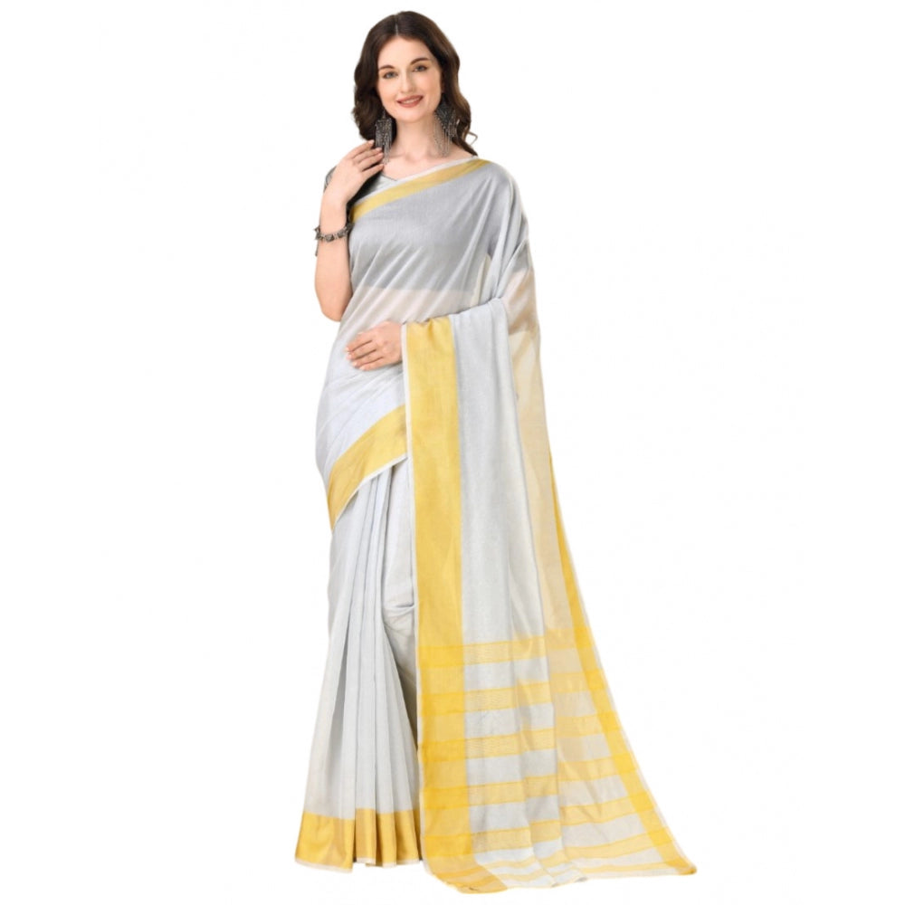 Generic Women's Cotton Silk Striped Saree With Unstitched Blouse 5.5Mtr (Silver) Main image
