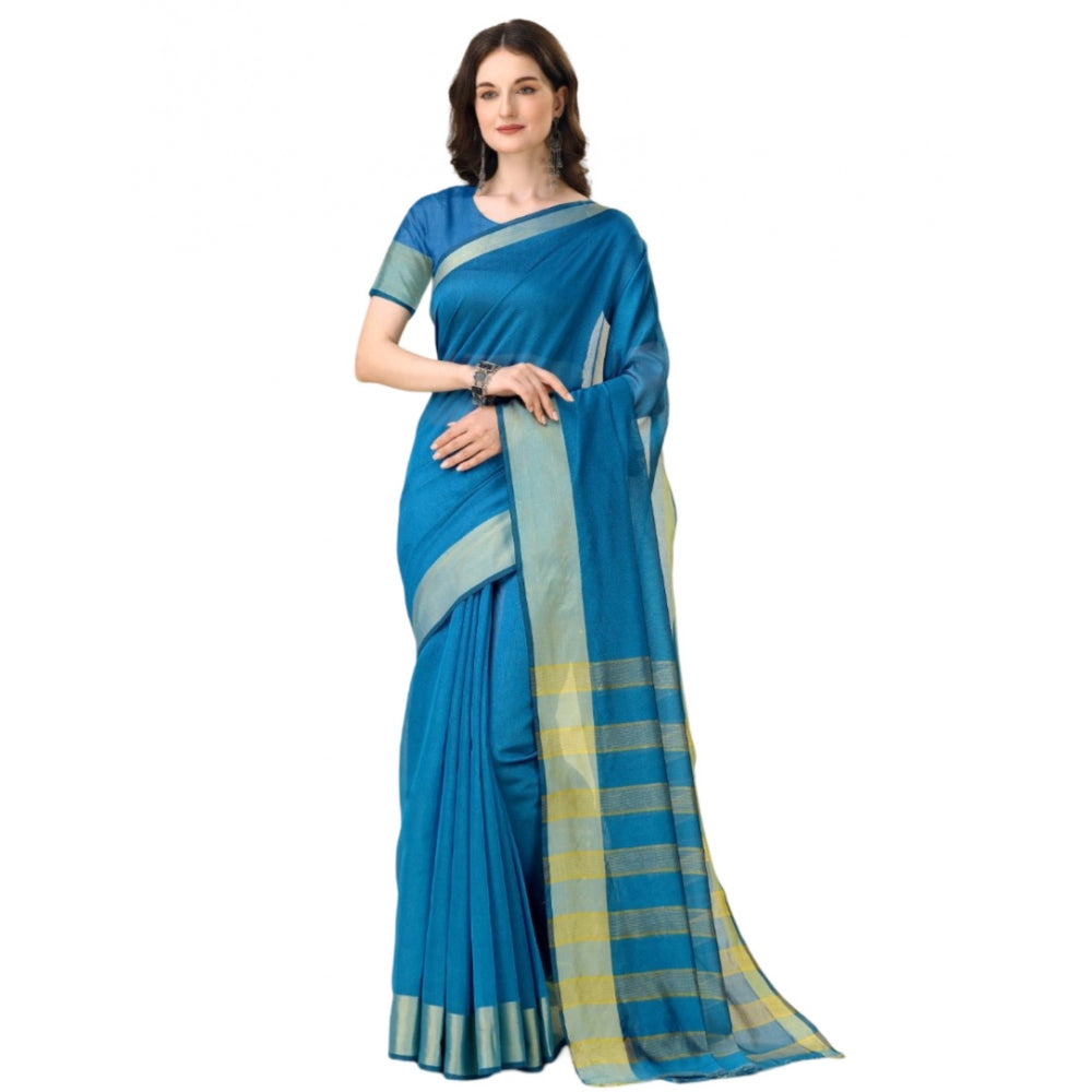 Generic Women's Cotton Silk Striped Saree With Unstitched Blouse 5.5Mtr (Light Blue) Main image