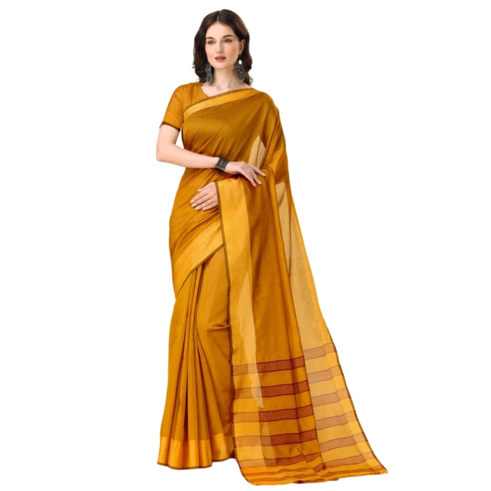 Generic Women's Cotton Silk Striped Saree With Unstitched Blouse 5.5Mtr (Mustard) Main image